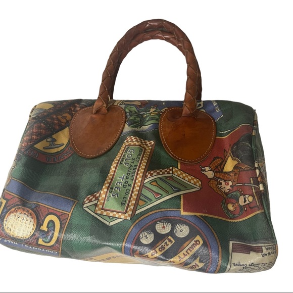 Vtg Nordic House Design Novelty Golf Theme Braided Leather Handles Trim SATCHEL - Picture 4 of 13